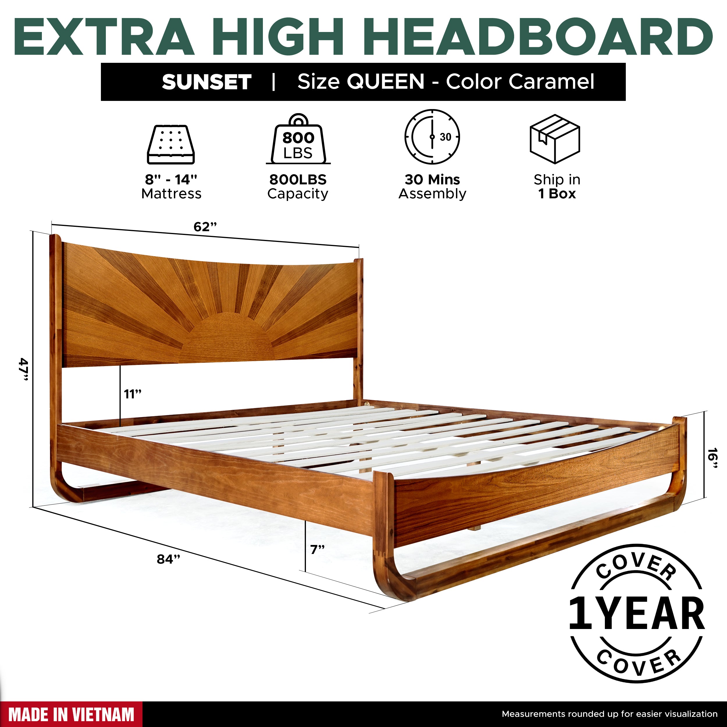 Sunset Solid Wood Bed Frame With Headboard
