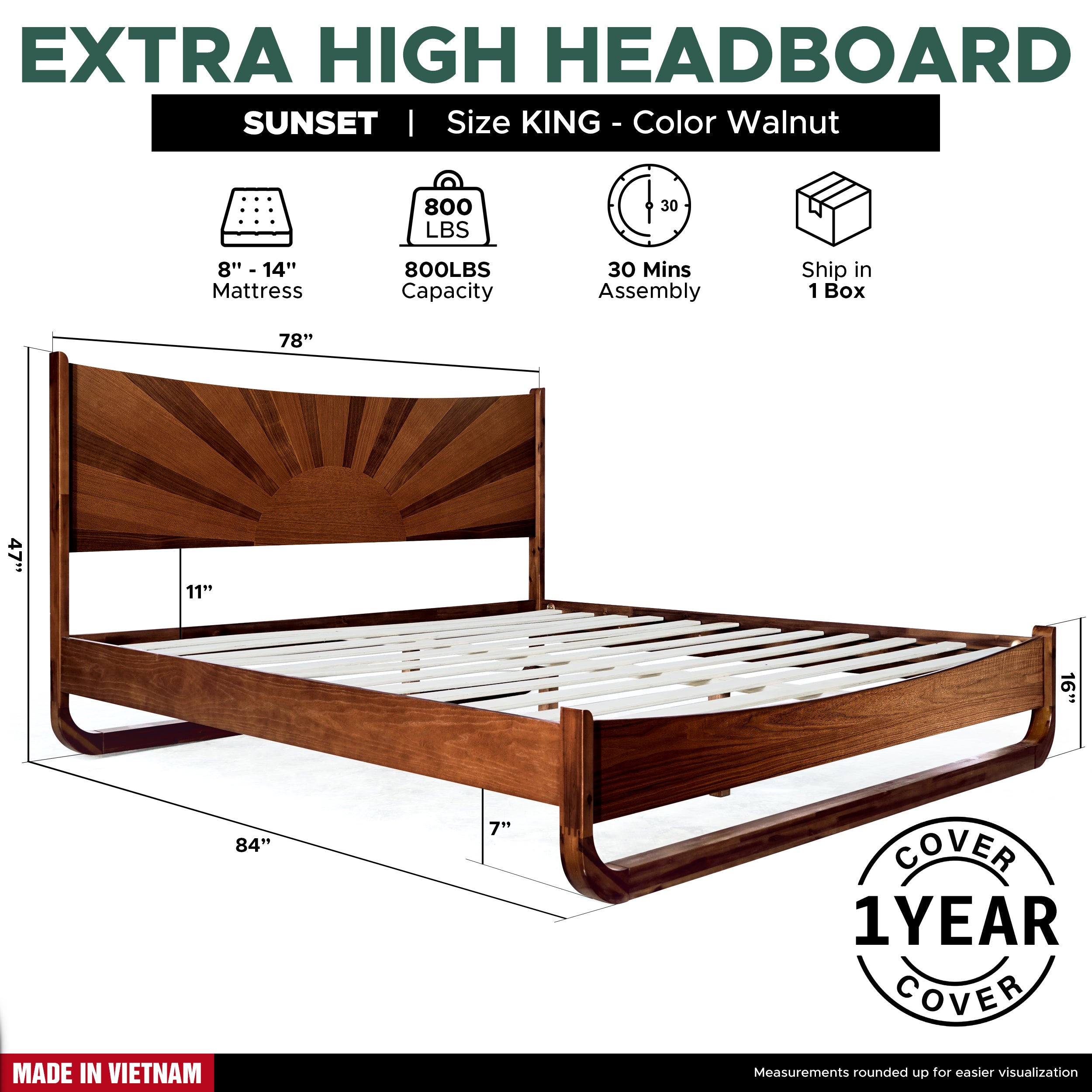 Sunset Solid Wood Bed Frame With Headboard