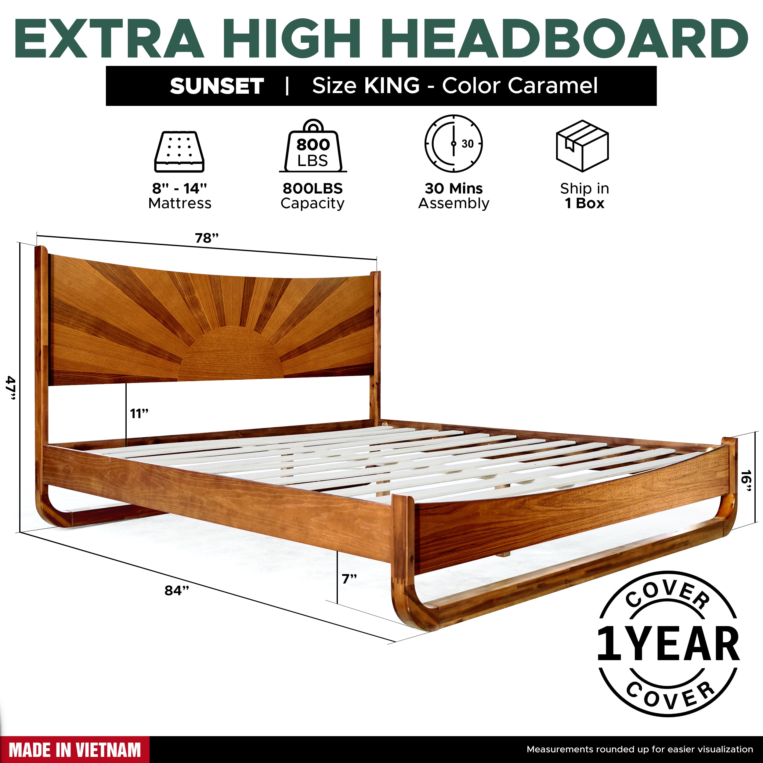 Sunset Solid Wood Bed Frame With Headboard