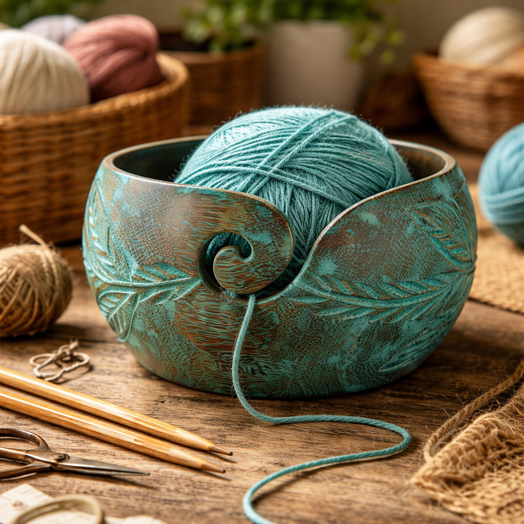 Isabelle Collection Wooden Yarn Bowl – Patina Blue/Green