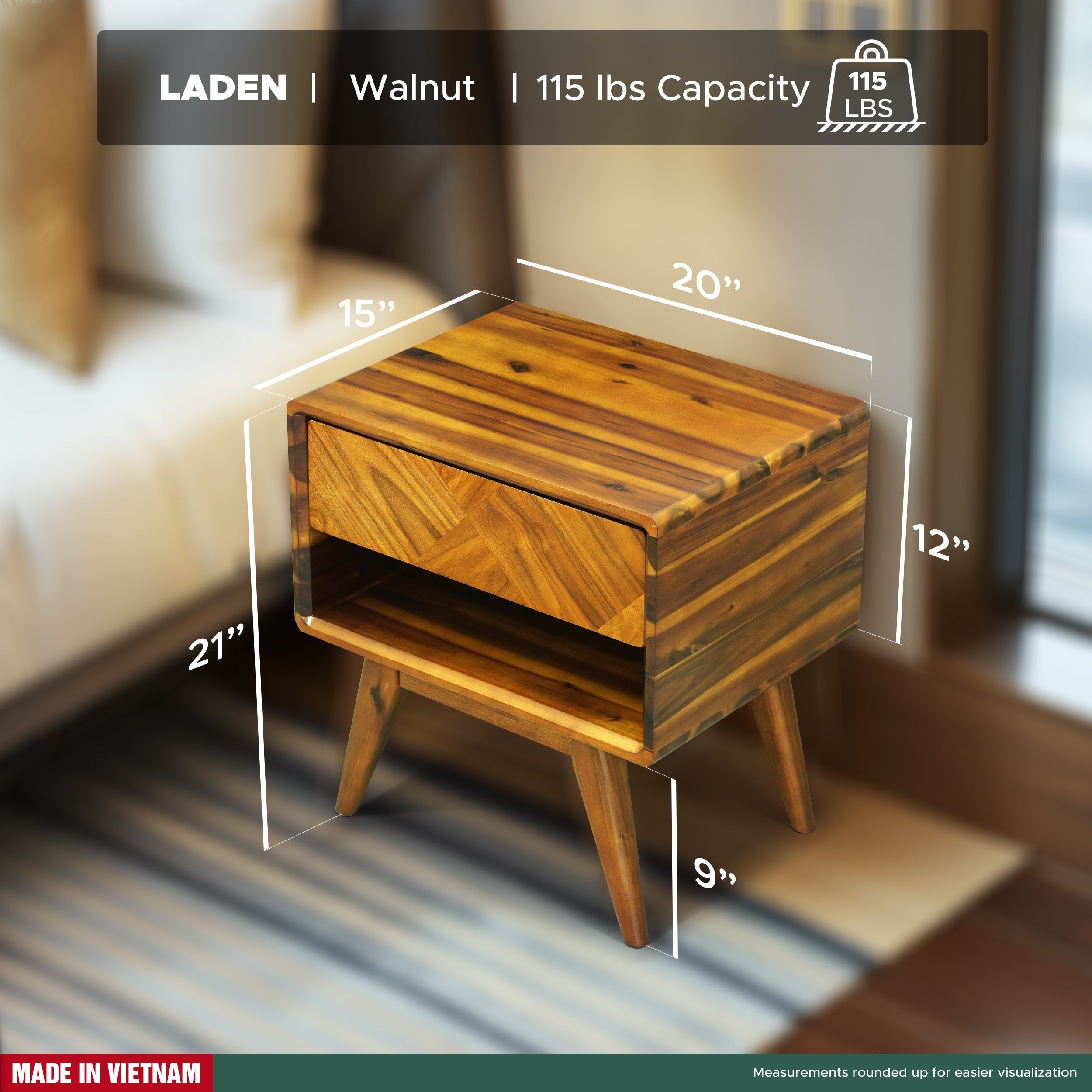 Laden Handcrafted Solid Wood Nightstand