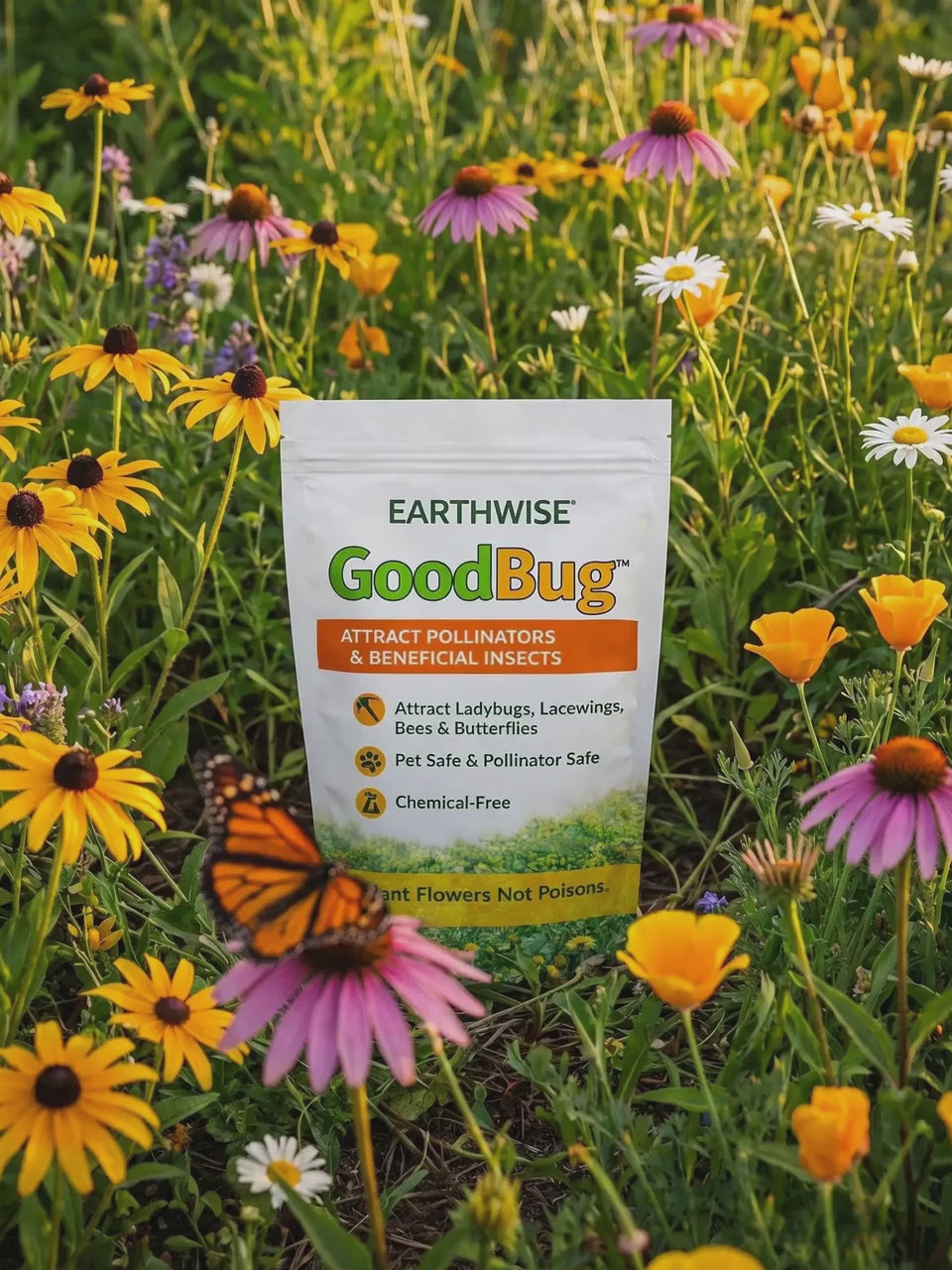 GoodBug™ Wildflower Mix — monarch butterfly and ladybug in blooming wildflower meadow